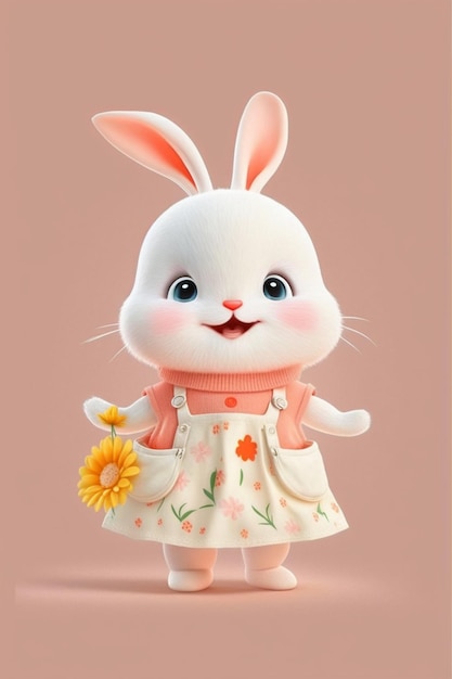 Белый кролик с розовым платьем и шарфом генеративный ай