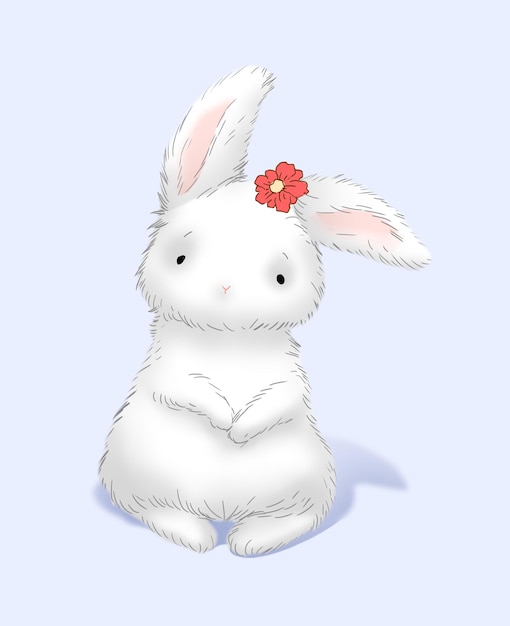 頭の上にピンクの花をつけた白いウサギが青い背景に座っている