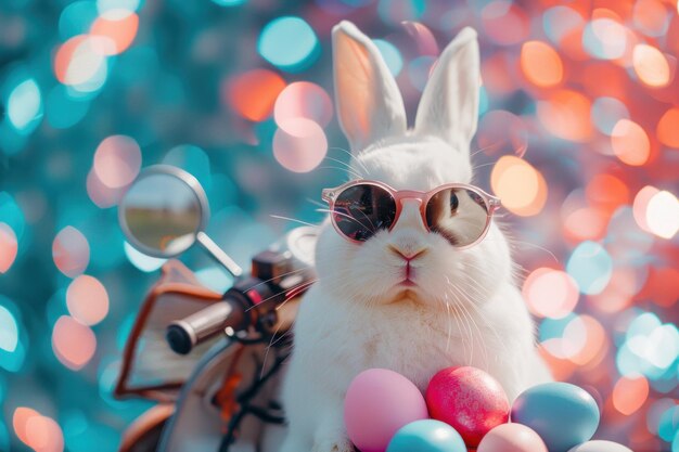 Photo a white rabbit with sunglasses sits confidently on a motorcycle