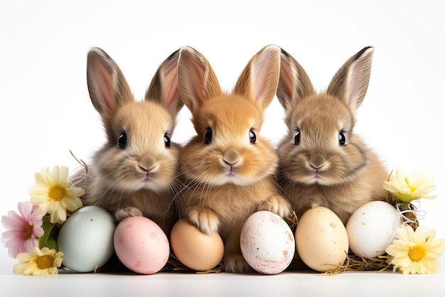 White rabbits family and colorfull easter eggs on isolate white background Generative ai