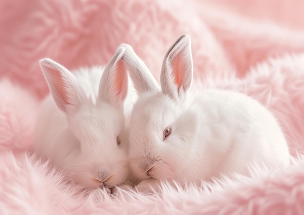 Photo white rabbits resting on pink blanket