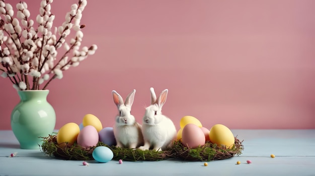 White Rabbits Sitting Near Vase of Eggs