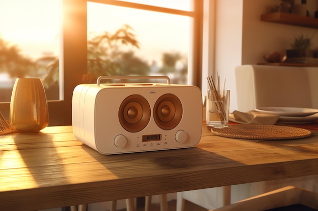 A white radio with the number 2 on the front is on a table.