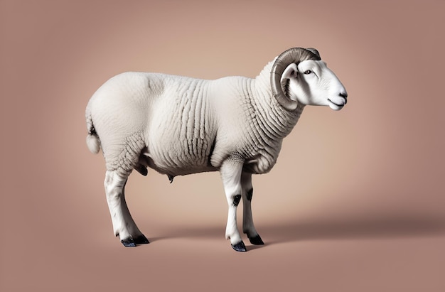 A white ram highlighted on a beige background stands sideways