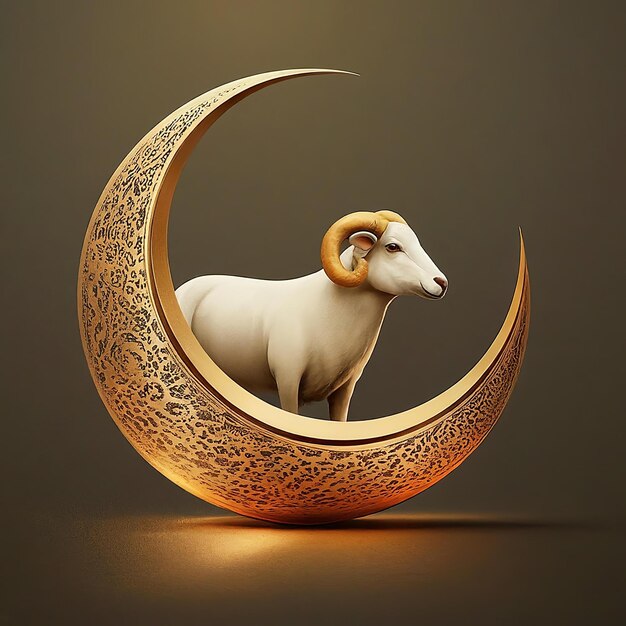 A white ram is standing in the center of a gold circle EidalAdha