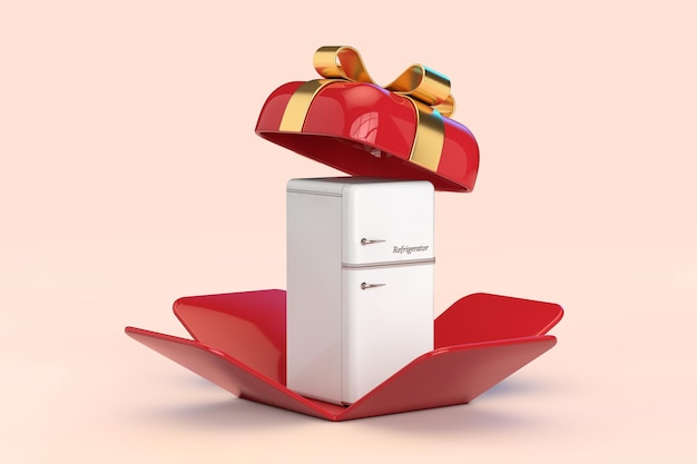 White Rare Refrigerator in Opened Red Gift Box with Golden Ribbon 3d Rendering