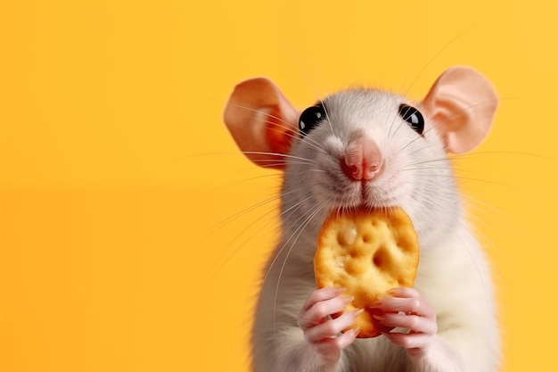 White rat eating cookies on yellow background