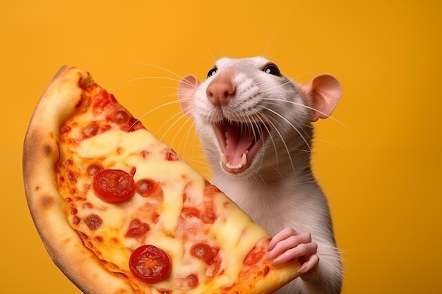 White rat holding a piece of pizza on a yellow background