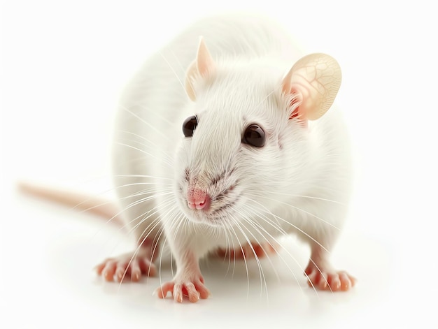 A white rat is standing on a table