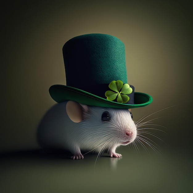 聖パトリックの日の緑の帽子をかぶった白いネズミ