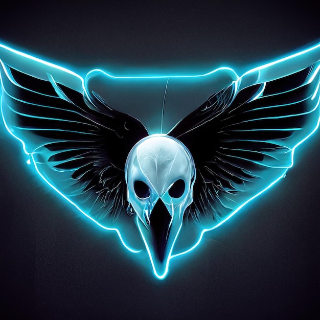 white ravens scull cyber wings background neon light