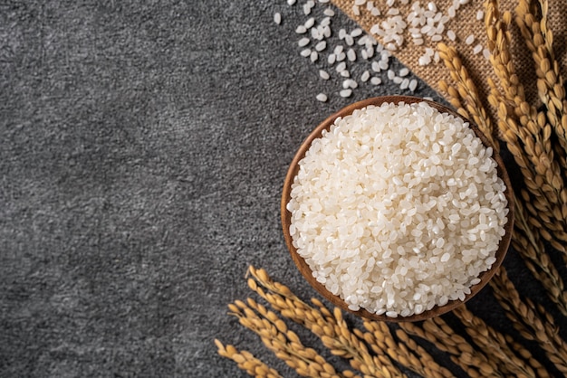 Photo white raw rice in a bowl with the ear on the dark black table background.