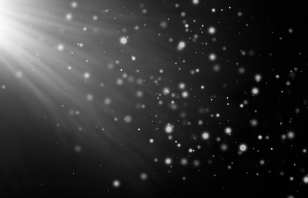 Photo white rays of light with small particles on a black background