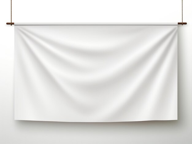 Photo white realistic hang fabric horizontal canvas banner mockup on the rope for advertising