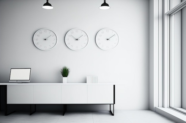 White reception area with three clocks at it empty workplace Right panoramic window meeting room in back