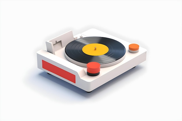 A white record player with a red label that says 7 on it.