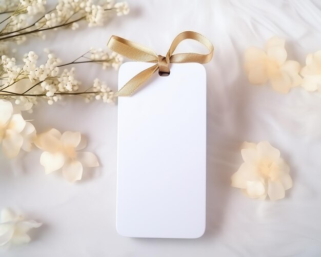 Photo a white rectangular tag with a gold ribbon and white flowers