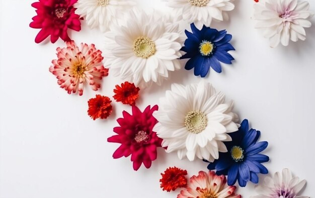 A white red and blue flower arrangement is on a white background