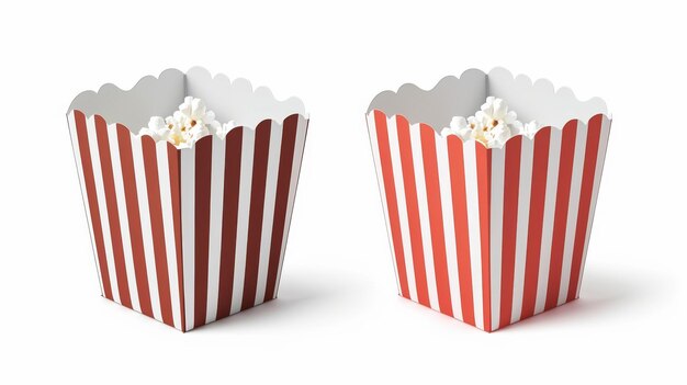 Photo the white and red buckets of popcorn are isolated on white background blank square and round packs for chicken potato and snack are also shown in this realistic mockup