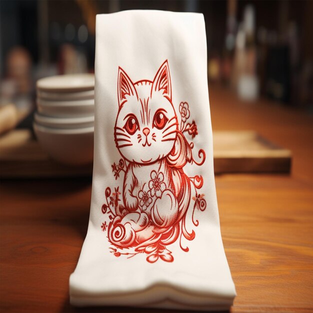 a white and red cat with a red design on the front of it