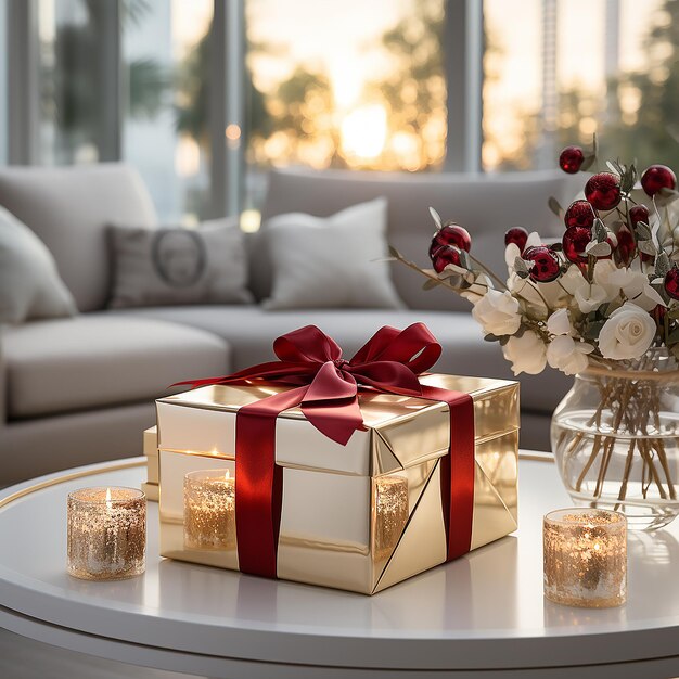 White and red christmas decorations on table