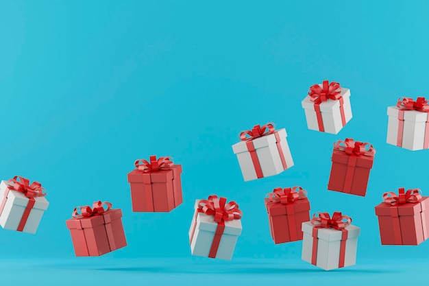 青い背景の白と赤のクリスマスプレゼント 3Dレンダリング