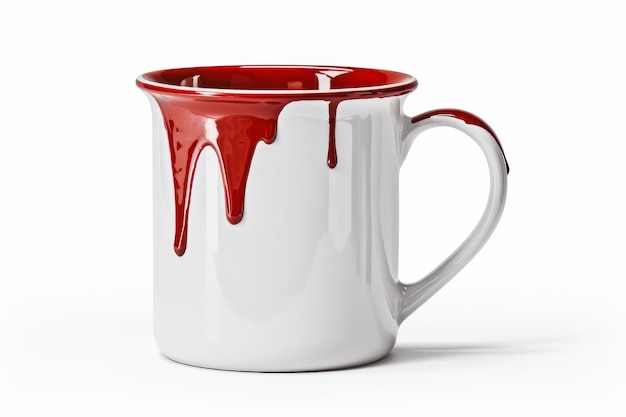 White and Red Coffee Mug With Dripping Red Paint On a White or Clear Surface PNG Transparent Background