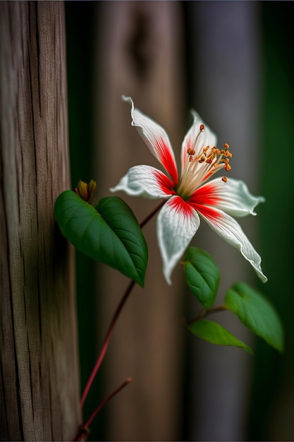 木の棒の上に座っている白と赤の花の生成ai