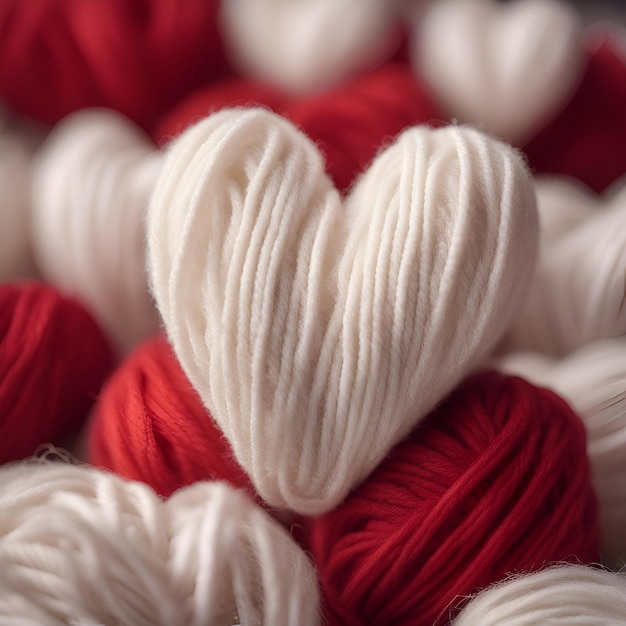 White and red hearts made of yarn Valentines day background