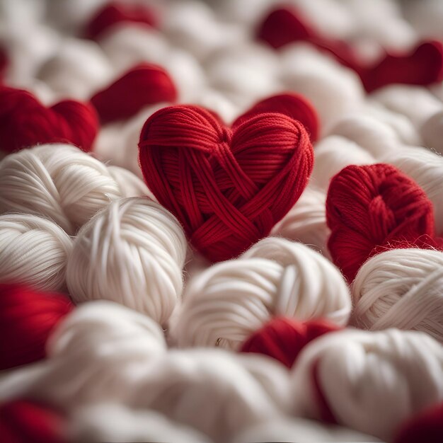 White and red heartshaped yarn balls on a white background