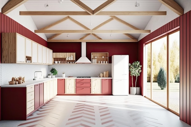 White and red Japanese wooden kitchen Parquet beams and bamboo wallpaper