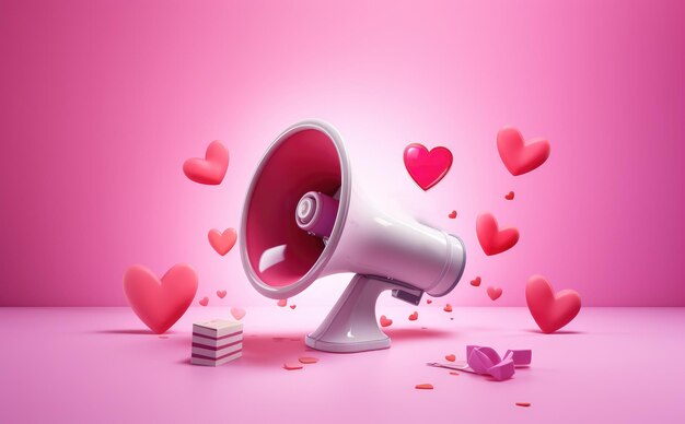 White and red megaphone surrounded by hearts symbol of love and communication