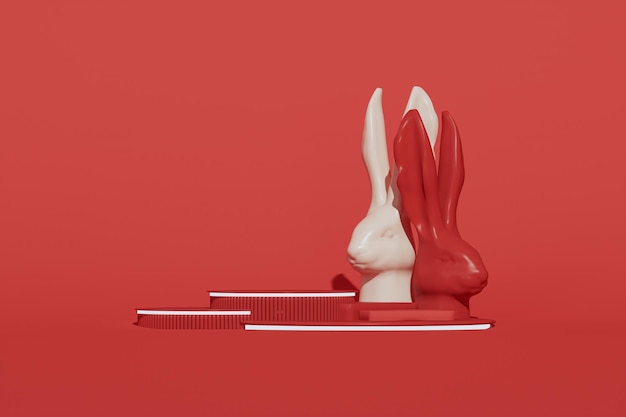 흰색과 빨간색 토끼, 복사 공간이 있는 연단. 3d 렌더링