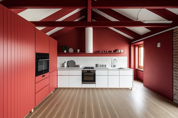 White and red toned wooden kitchen Streamlined and minimal design Bamboo wallpaper a parquet floor and a beam ceiling Interior design by Japandi