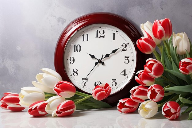 Photo white and red tulips beside clock with copyspace