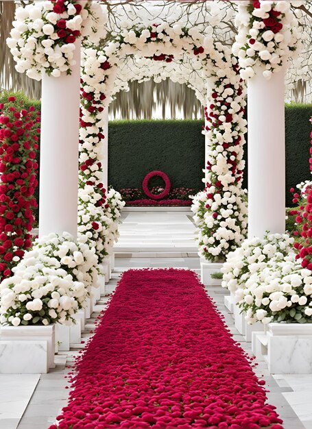 A white and red wedding aisle with flowers