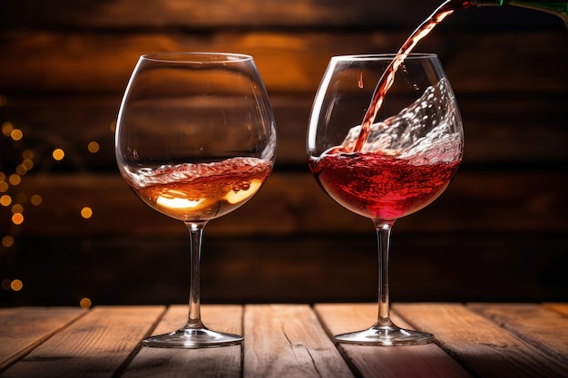 木製の背景にグラスに注がれる白と赤のワイン