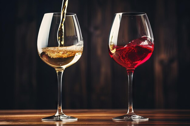 White and red wine being poured into glasses on a wooden background