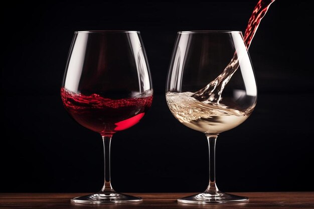 Photo white and red wine pouring in glasses on wooden background