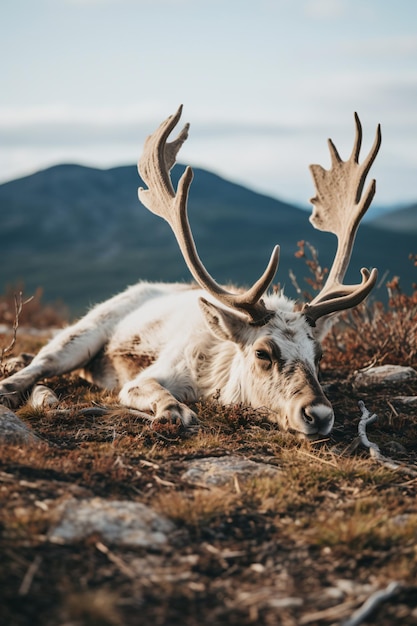 Premium AI Image | a white reindeer laying down in the grass