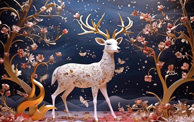 a white reindeer with tree branches on a starry night background