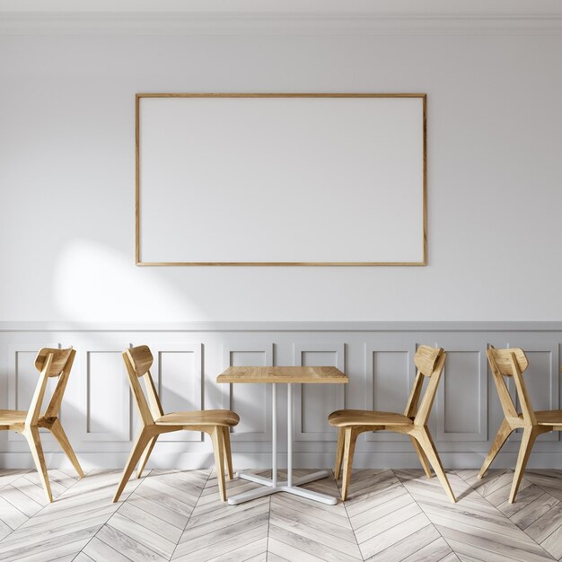 White restaurant interior with a wooden floor and square tables with white wooden chairs near them. A framed horizontal poster. 3d rendering mock up