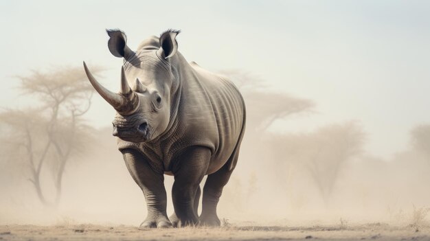 Photo white rhinoceros ceratotherium simum walking in the fog generative ai