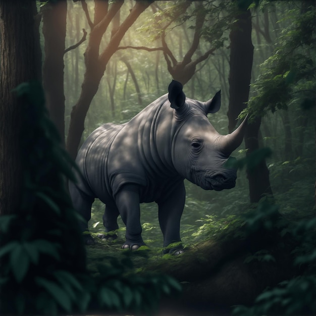 White rhinoceros in the forest 3d rendering