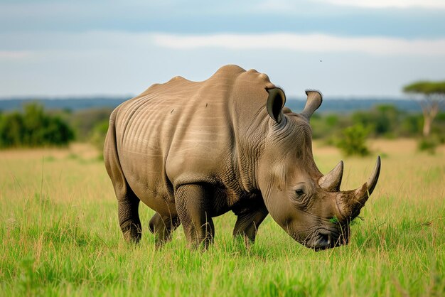 Белый носорог пасется на травяном поле