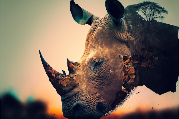 White rhinoceros in savannah landscape drinking water from pond