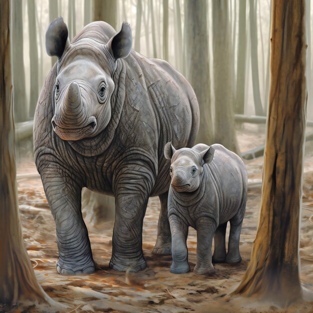 White rhinoceros with baby in the forest