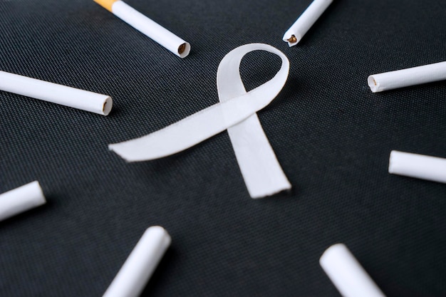 White ribbon and cigarette on black background