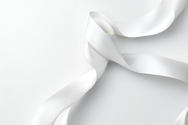 A white ribbon is rolled up on a white surface.