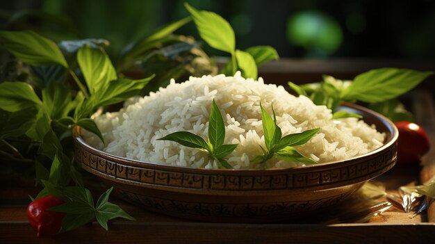 White rice in a bowl with green leaves